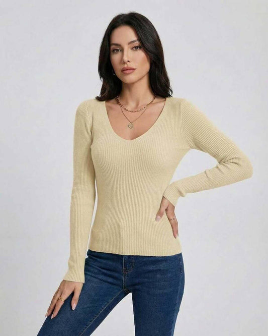 Pela Pullover by RAMBLION, beige V-neck pullover, soft fabric, perfect for casual or work settings.