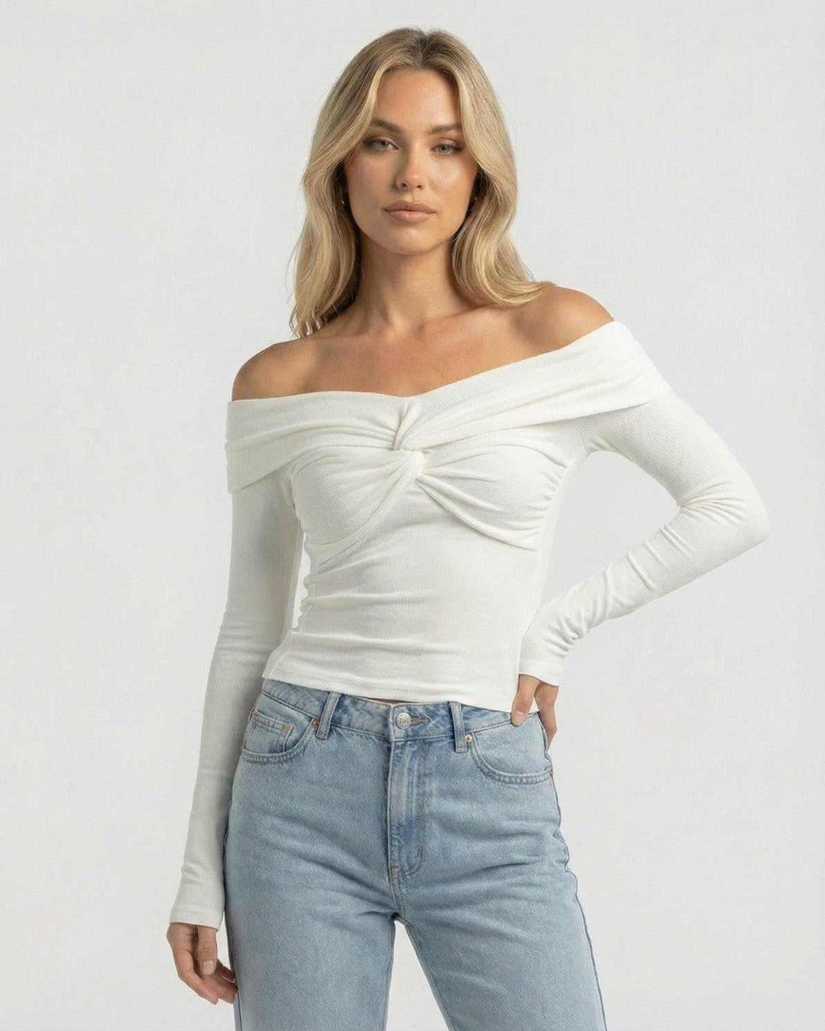 Pera Top by RAMBLION: White off the shoulder mini dress with twist-front detail, perfect for elevating your style.