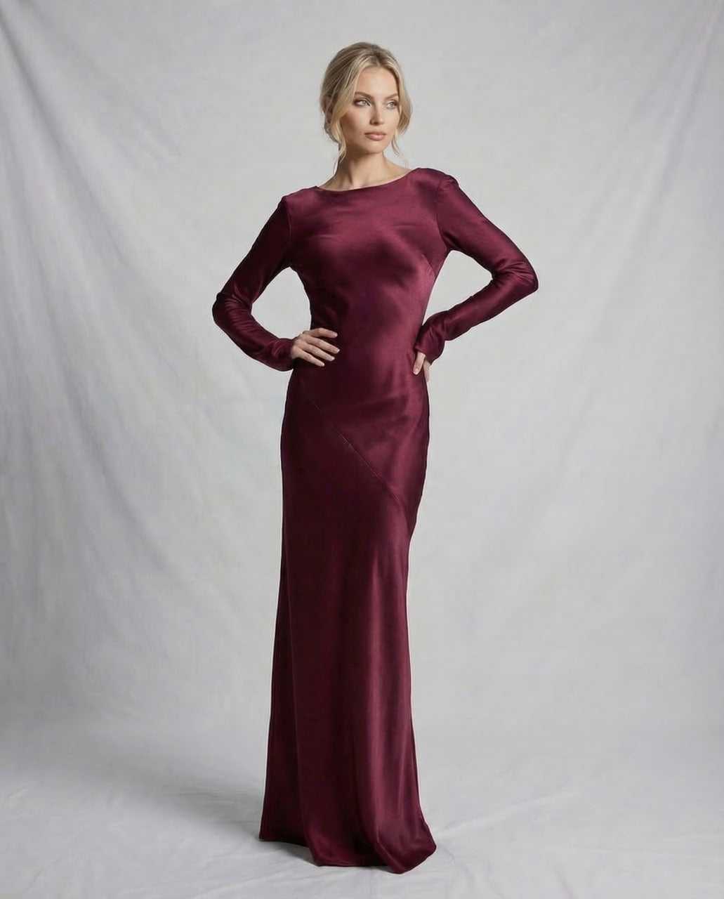 Burgundy Satin Mermaid Round Neck Long Sleeve Maxi Dress Burgundy Satin Mermaid Round Neck Long Sleeve Maxi Dress
