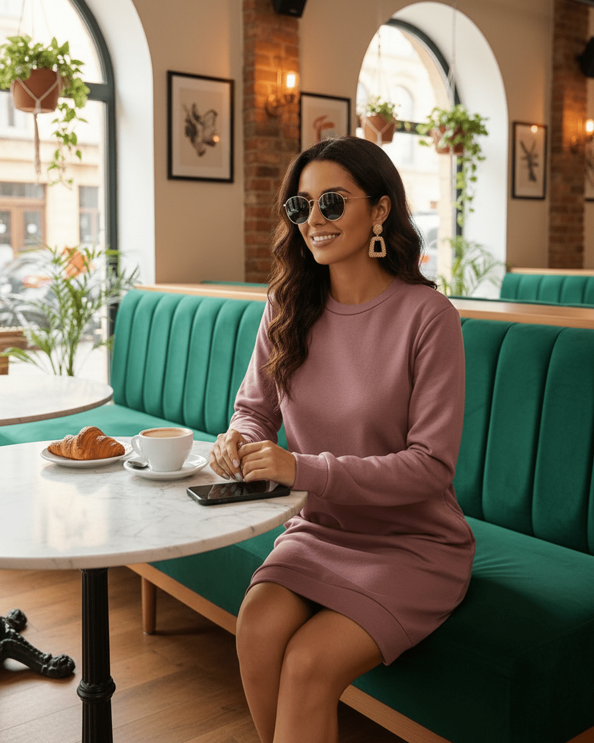 Pila Mini Dress by RAMBLION in vibrant pink, featuring round neck, full-length sleeves, perfect for stylish casual outings.