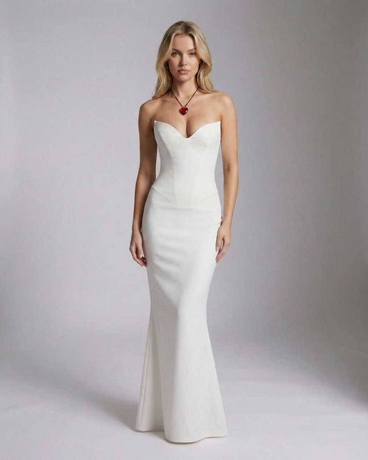 Pima Maxi Dress: elegant white strapless satin gown perfect for weddings, by RAMBLION.