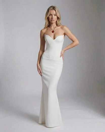 White Satin A-line Strapless Maxi Dress | Formal Events, Party Nights, Bridal Showers & Day-to-Night, front view | Ramblion | SKU: VMD-384726195-white-L-8863,VMD-384726195-white-M-1365,VMD-384726195-white-S-1880,VMD-384726195-white-XL-5396,VMD-384726195-white-XS-3965