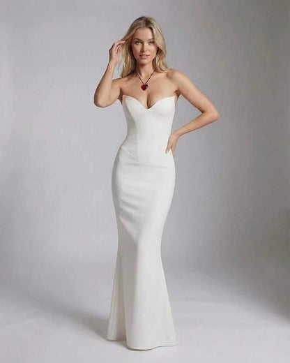 White Satin A-line Strapless Maxi Dress | Formal Events, Party Nights, Bridal Showers & Day-to-Night, front view | Ramblion | SKU: VMD-384726195-white-L-8863,VMD-384726195-white-M-1365,VMD-384726195-white-S-1880,VMD-384726195-white-XL-5396,VMD-384726195-white-XS-3965