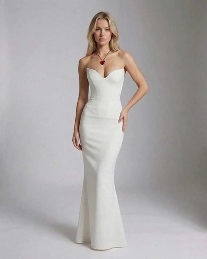 White Satin A-line Strapless Maxi Dress | Formal Events, Party Nights, Bridal Showers & Day-to-Night, front view | Ramblion | SKU: VMD-384726195-white-L-8863,VMD-384726195-white-M-1365,VMD-384726195-white-S-1880,VMD-384726195-white-XL-5396,VMD-384726195-white-XS-3965