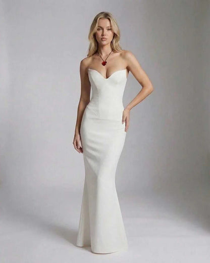 White Satin A-line Strapless Maxi Dress | Formal Events, Party Nights, Bridal Showers & Day-to-Night, front view | Ramblion | SKU: VMD-384726195-white-L-8863,VMD-384726195-white-M-1365,VMD-384726195-white-S-1880,VMD-384726195-white-XL-5396,VMD-384726195-white-XS-3965