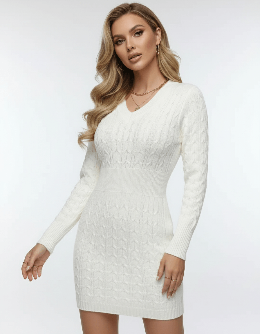 Pima Mini Dress by RAMBLION, white cable knit design, V-neck, perfect for stylish occasions.