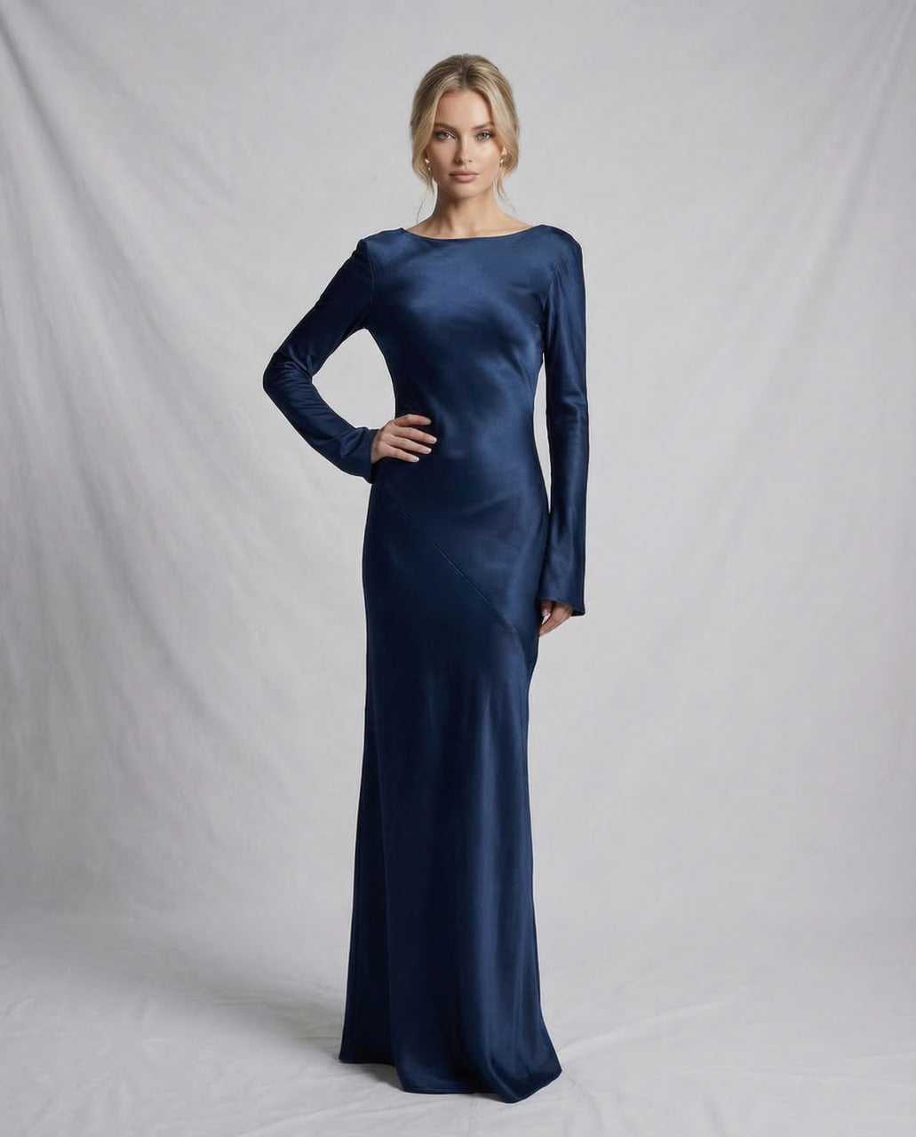 Pina Maxi Dress in navy satin, ankle-length with slash neckline, perfect for elegant occasions, by RAMBLION.