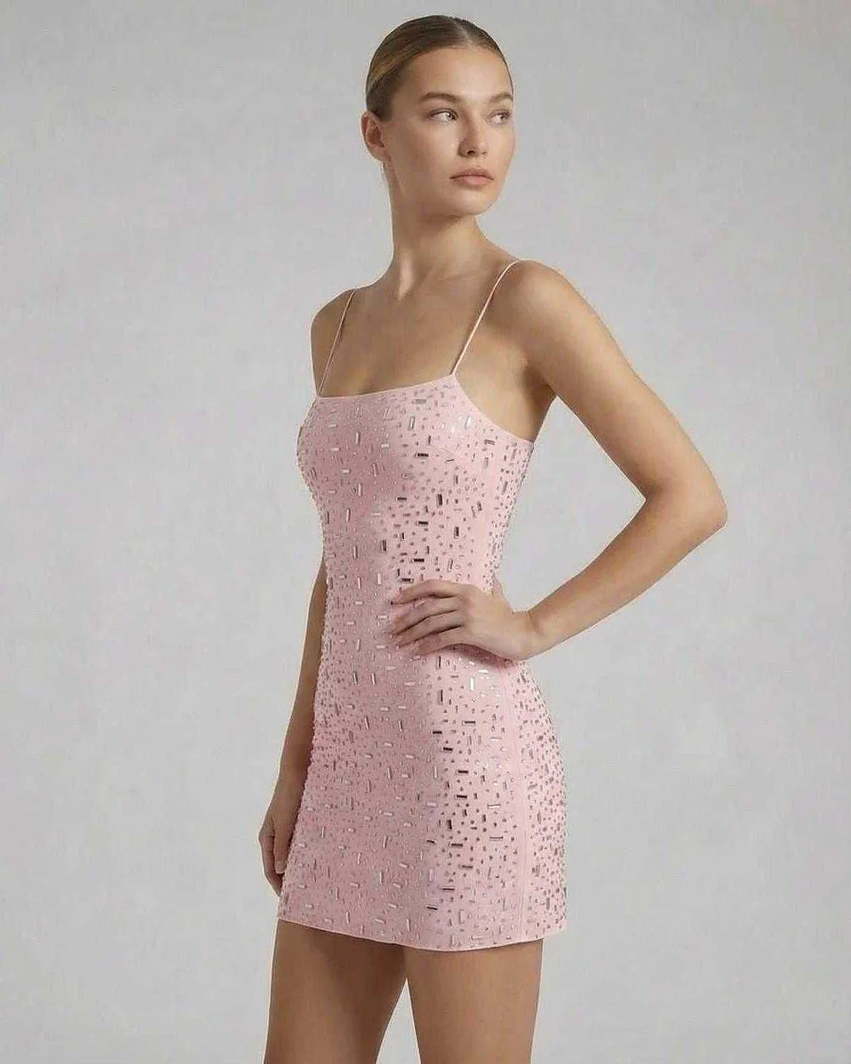 Pink Bodycon Round Neck Sleeveless Mini Dress | Black-Tie Events, Cocktail Parties, Wedding Guest & Everyday Wear, side view | SKU: CMD-74528-pink-L-5289,CMD-74528-pink-M-5817,CMD-74528-pink-S-7540,CMD-74528-pink-XL-411,CMD-74528-pink-XS-9115