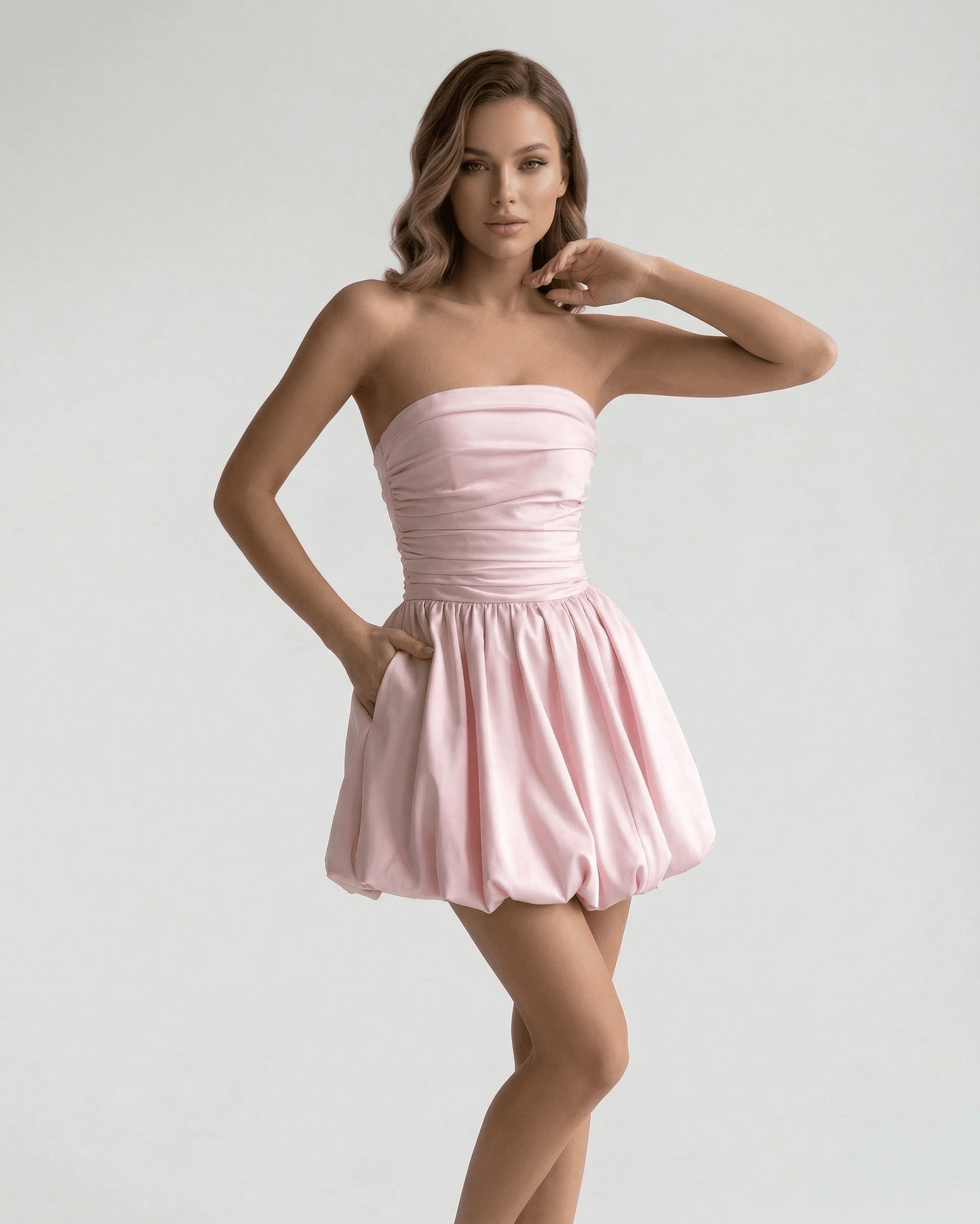 Corduroy Mini Dress by RAMBLION in pink, featuring a strapless design and playful A-line silhouette, perfect for summer events.