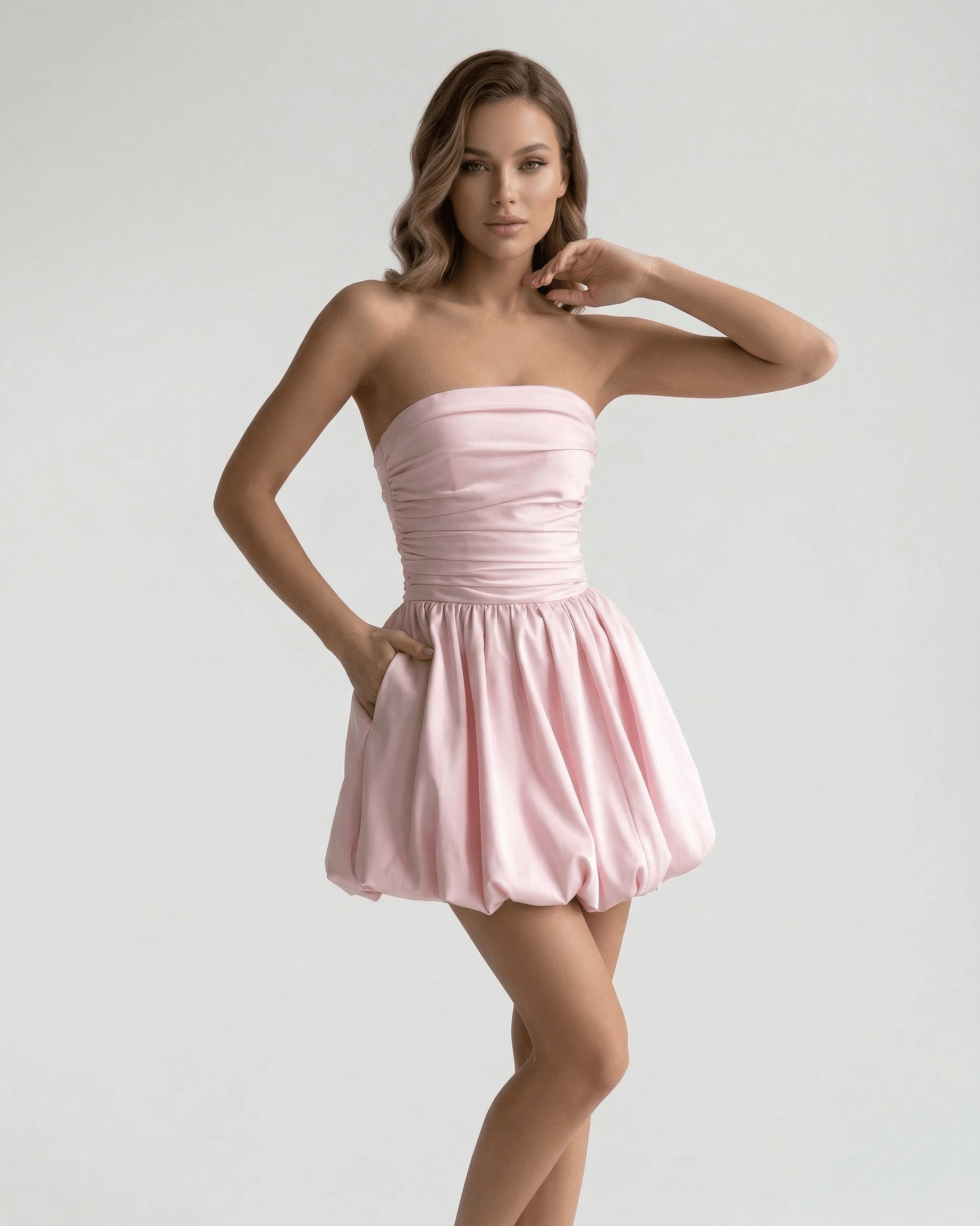 Corduroy Mini Dress by RAMBLION in pink, featuring a strapless design and playful A-line silhouette, perfect for summer events.