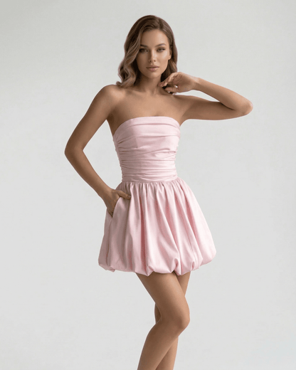 Corduroy Mini Dress by RAMBLION in pink, featuring a strapless design and playful A-line silhouette, perfect for summer events.