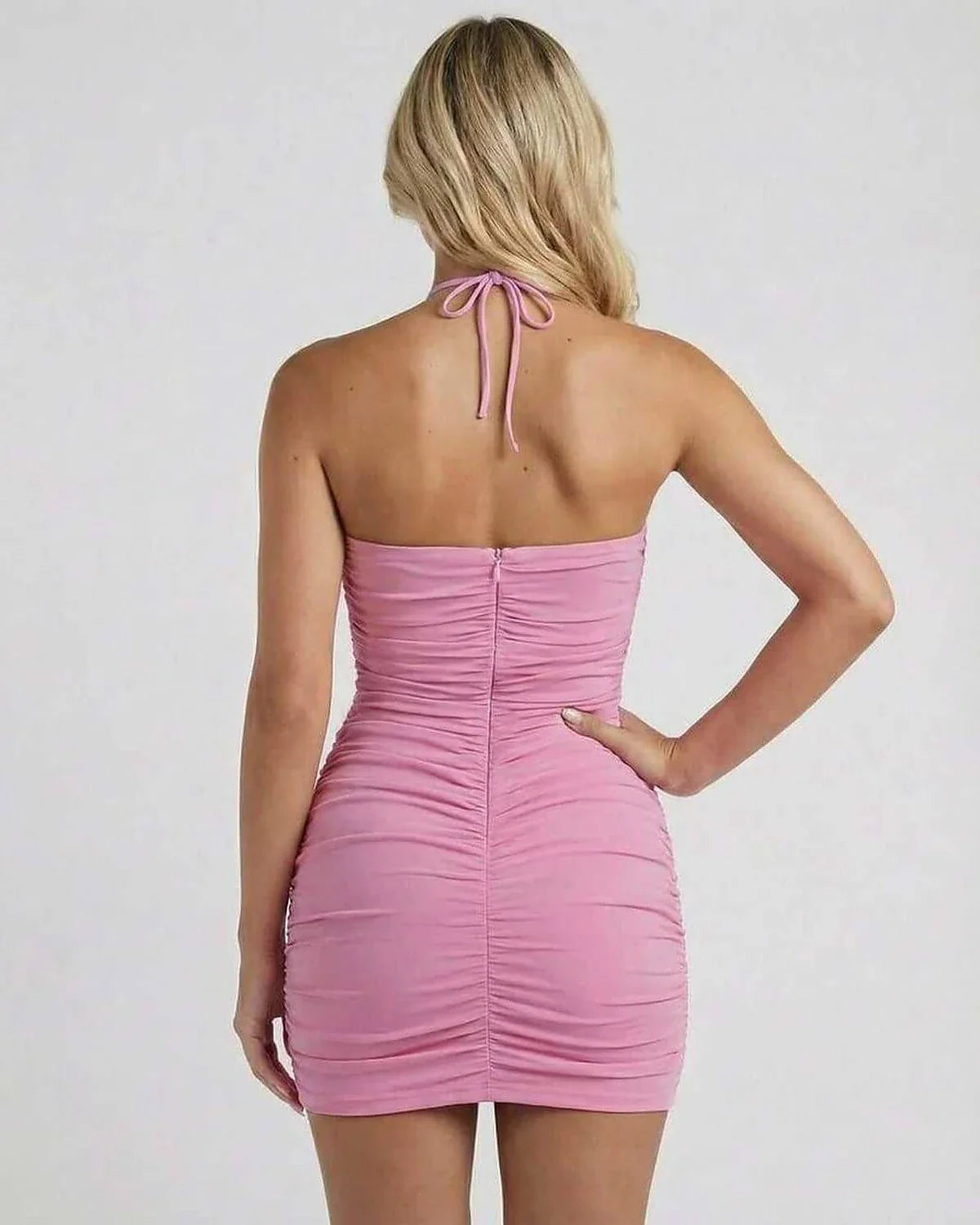 Pink Cotton Bodycon Halter Sleeveless Mini Dress | Formal Occasions, Party Nights & Day-to-Night, back view | Ramblion | SKU: BMD-183946275-pink-L-2030,BMD-183946275-pink-M-8967,BMD-183946275-pink-S-3793,BMD-183946275-pink-XL-1028,BMD-183946275-pink-XS-7037