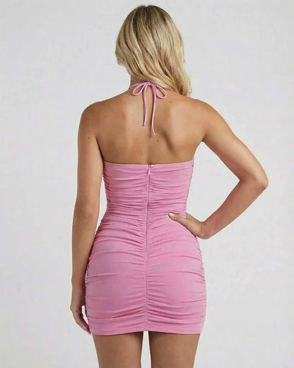 Pink Cotton Bodycon Halter Sleeveless Mini Dress | Formal Occasions, Party Nights & Day-to-Night, back view | Ramblion | SKU: BMD-183946275-pink-L-2030,BMD-183946275-pink-M-8967,BMD-183946275-pink-S-3793,BMD-183946275-pink-XL-1028,BMD-183946275-pink-XS-7037