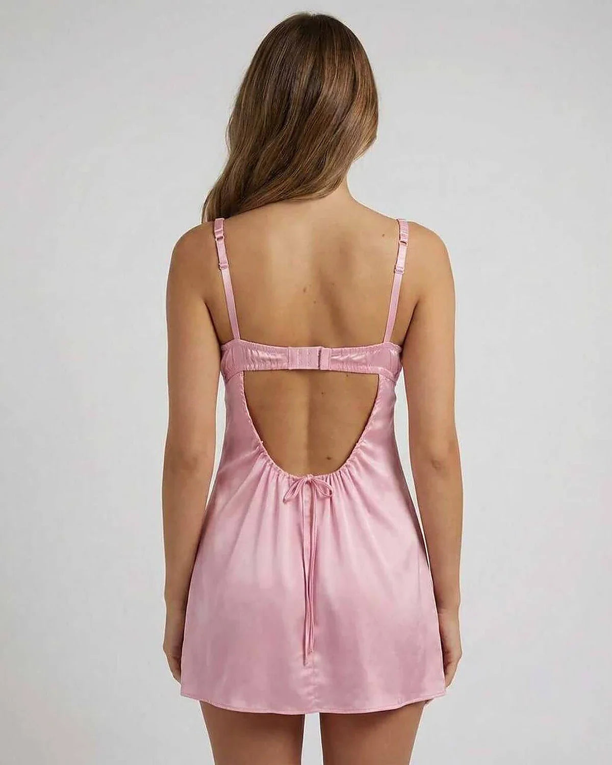 Pink Cotton Gown V-Neck Sleeveless Mini Dress | Bridal Showers, back view | Ramblion | SKU: EMN-56219-pink-L-5022,EMN-56219-pink-M-6830,EMN-56219-pink-S-7288,EMN-56219-pink-XL-753,EMN-56219-pink-XS-7085