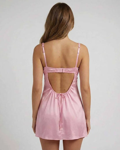 Pink Cotton Gown V-Neck Sleeveless Mini Dress | Bridal Showers, back view | Ramblion | SKU: EMN-56219-pink-L-5022,EMN-56219-pink-M-6830,EMN-56219-pink-S-7288,EMN-56219-pink-XL-753,EMN-56219-pink-XS-7085