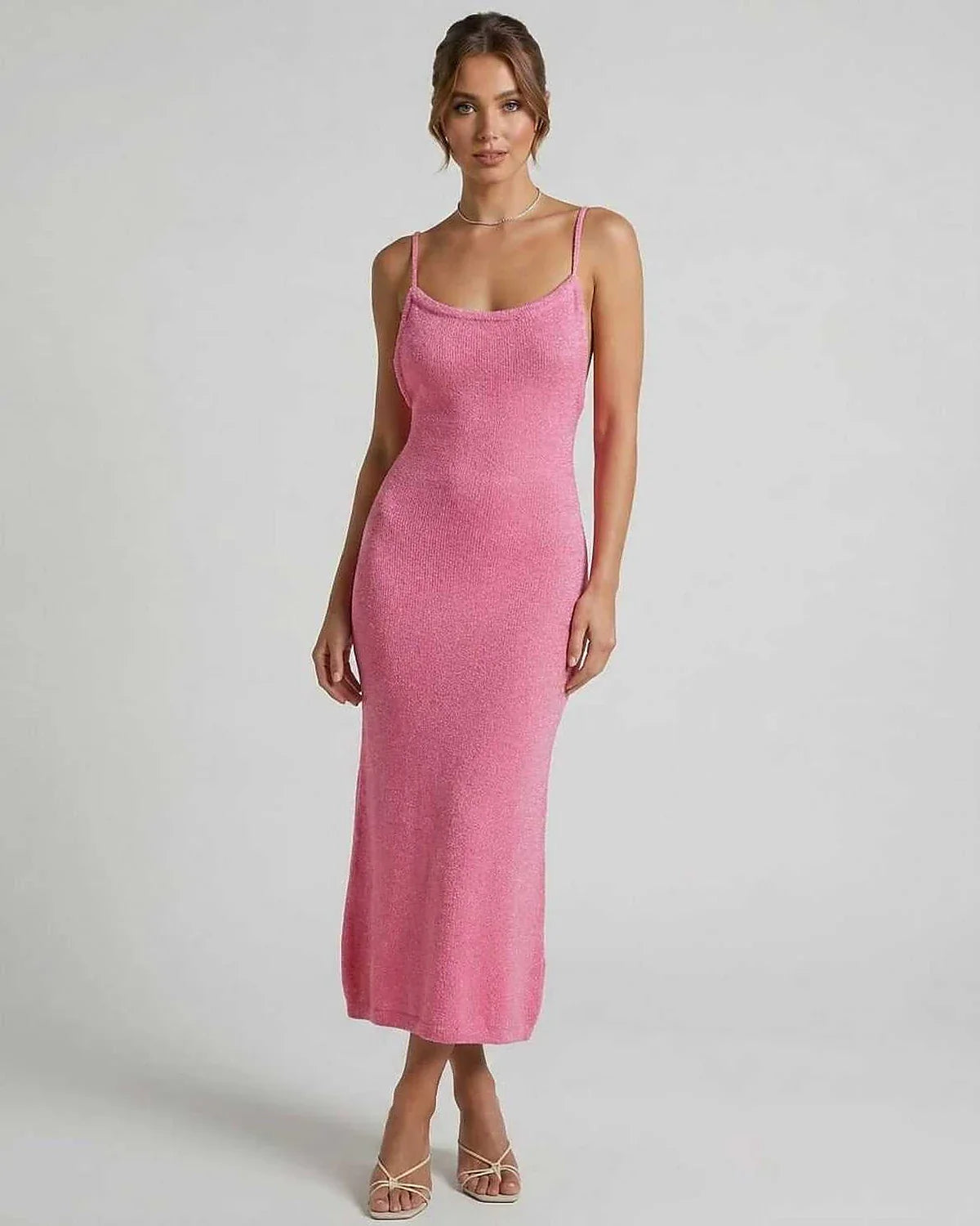 Pink Cotton Slip Round Neck Sleeveless Midi Dress | Gala Nights, Evening Parties, Weddings & Day-to-Night, front view | Rambl | SKU: RMD-573918264-pink-L-2034,RMD-573918264-pink-M-2827,RMD-573918264-pink-S-4667,RMD-573918264-pink-XL-7174,RMD-573918264-pink-XS-9043