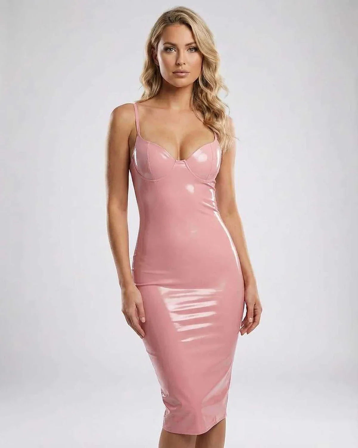Pink Faux leather Bodycon V-Neck Sleeveless Midi Dress | Gala Nights, Party Nights, Day-to-Night & Casual Wear, front view | | SKU: LMD-759283614-pink-L-1553,LMD-759283614-pink-M-8762,LMD-759283614-pink-S-9733,LMD-759283614-pink-XL-4241,LMD-759283614-pink-XS-2428