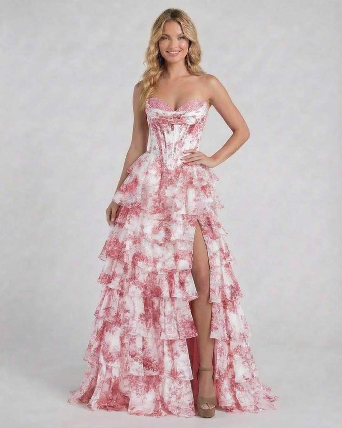 Filo Maxi Dress by RAMBLION, red floral strapless satin gown with tiered design, perfect for special occasions.