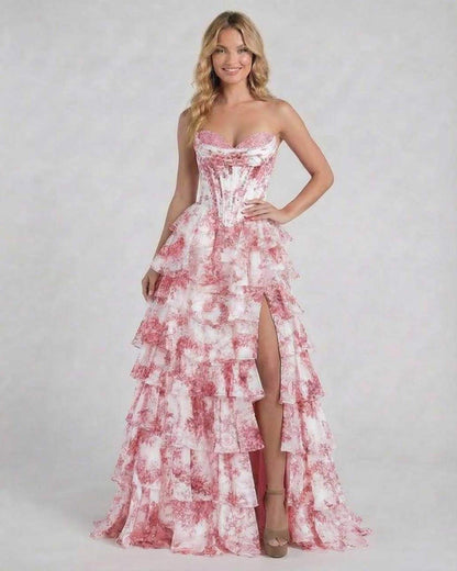 Filo Maxi Dress by RAMBLION, red floral strapless satin gown with tiered design, perfect for special occasions.