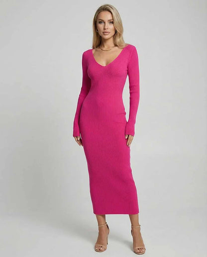 Pink Linen Bodycon V-Neck Long Sleeve Midi Dress | Formal Events & Brunch, front view | Ramblion | SKU: VMD-571839204-pink-L-4068,VMD-571839204-pink-M-5190,VMD-571839204-pink-S-7176,VMD-571839204-pink-XL-3294,VMD-571839204-pink-XS-3179