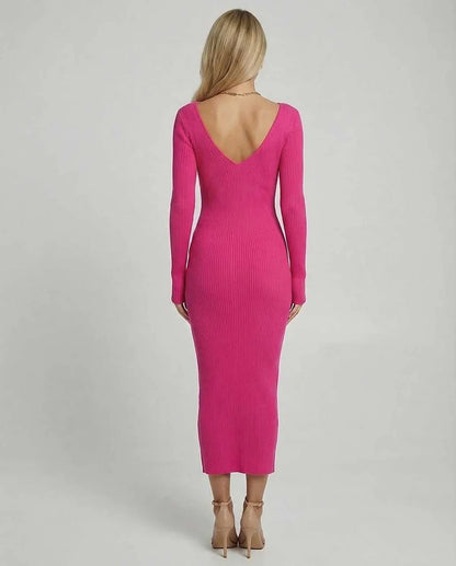 Pink Linen Bodycon V-Neck Long Sleeve Midi Dress | Formal Events & Brunch, back view | Ramblion | SKU: VMD-571839204-pink-L-4068,VMD-571839204-pink-M-5190,VMD-571839204-pink-S-7176,VMD-571839204-pink-XL-3294,VMD-571839204-pink-XS-3179