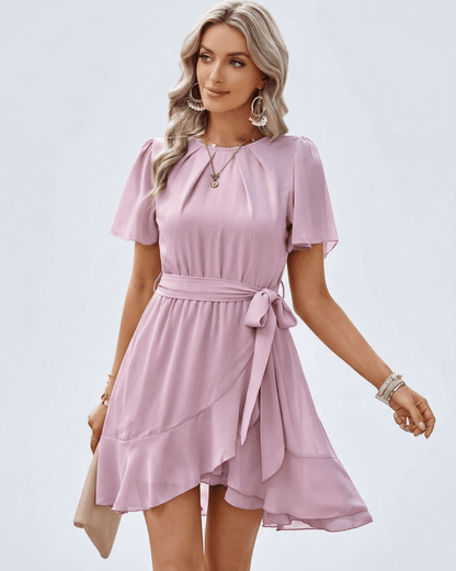 Mova Mini Dress, pink satin, round neck, elegant style, perfect for casual or special occasions by RAMBLION