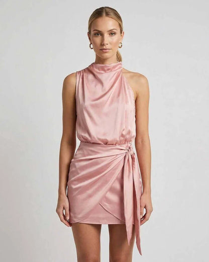 Pink Satin A-line Turtle Neck Sleeveless Mini Dress | Evening Events, Night Out, Bridal Showers & Day-to-Night, front view | | SKU: AMD-604281739-pink-L-7900,AMD-604281739-pink-M-1106,AMD-604281739-pink-S-5676,AMD-604281739-pink-XL-2576,AMD-604281739-pink-XS-9604