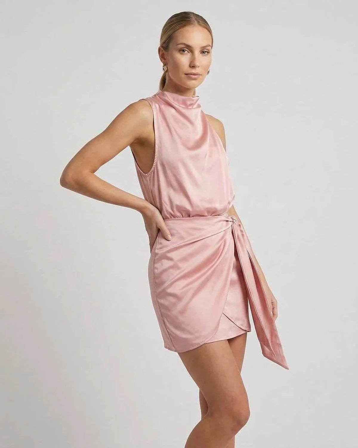 Pink Satin A-line Turtle Neck Sleeveless Mini Dress | Evening Events, Night Out, Bridal Showers & Day-to-Night, side view | R | SKU: AMD-604281739-pink-L-7900,AMD-604281739-pink-M-1106,AMD-604281739-pink-S-5676,AMD-604281739-pink-XL-2576,AMD-604281739-pink-XS-9604