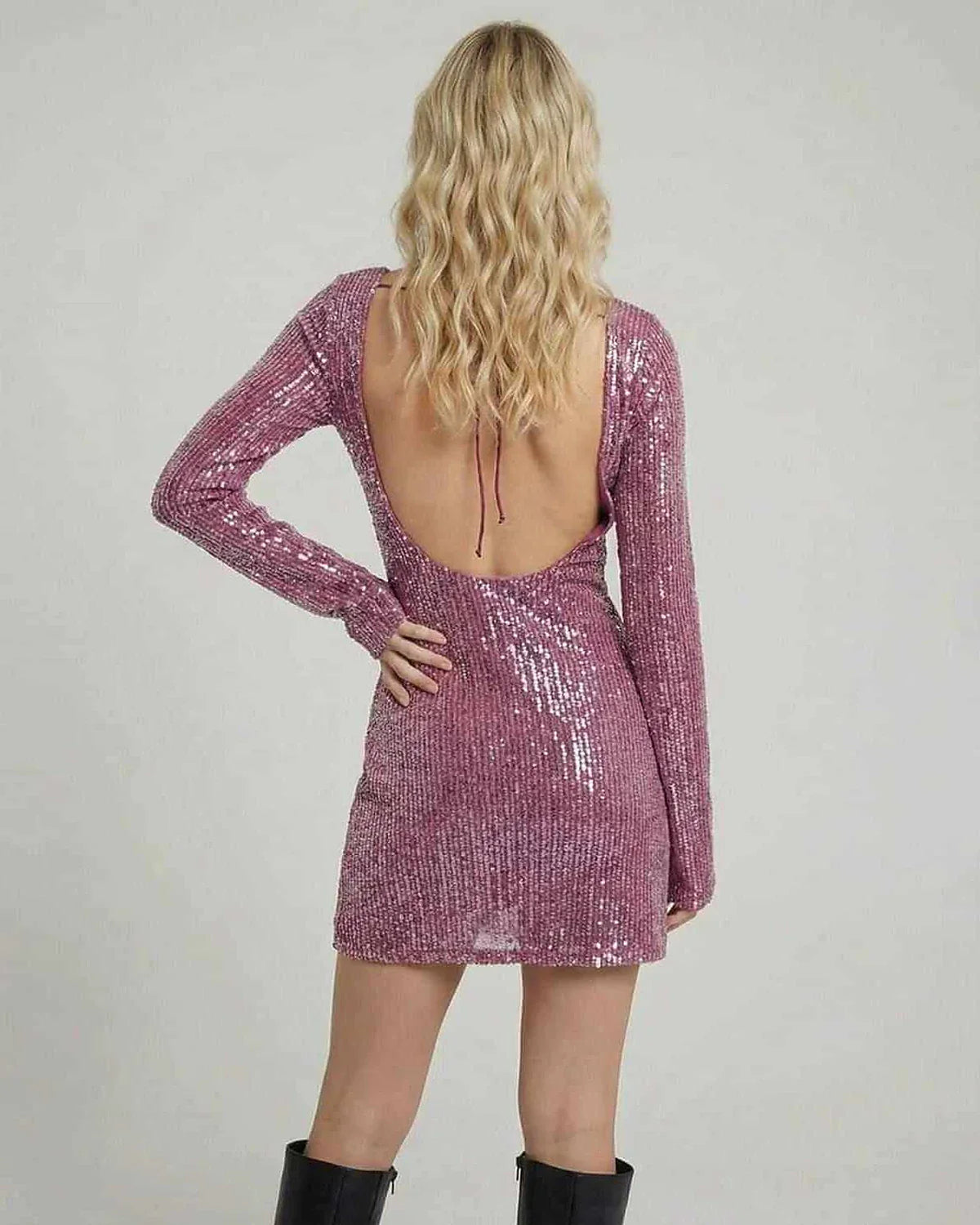 Pink Satin Bodycon Round Neck Long Sleeve Mini Dress | Formal Occasions & Party Nights, back view | Ramblion | SKU: RMD-61847-pink-L-8437,RMD-61847-pink-M-3449,RMD-61847-pink-S-4607,RMD-61847-pink-XL-789,RMD-61847-pink-XS-3465