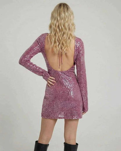 Pink Satin Bodycon Round Neck Long Sleeve Mini Dress | Formal Occasions & Party Nights, back view | Ramblion | SKU: RMD-61847-pink-L-8437,RMD-61847-pink-M-3449,RMD-61847-pink-S-4607,RMD-61847-pink-XL-789,RMD-61847-pink-XS-3465