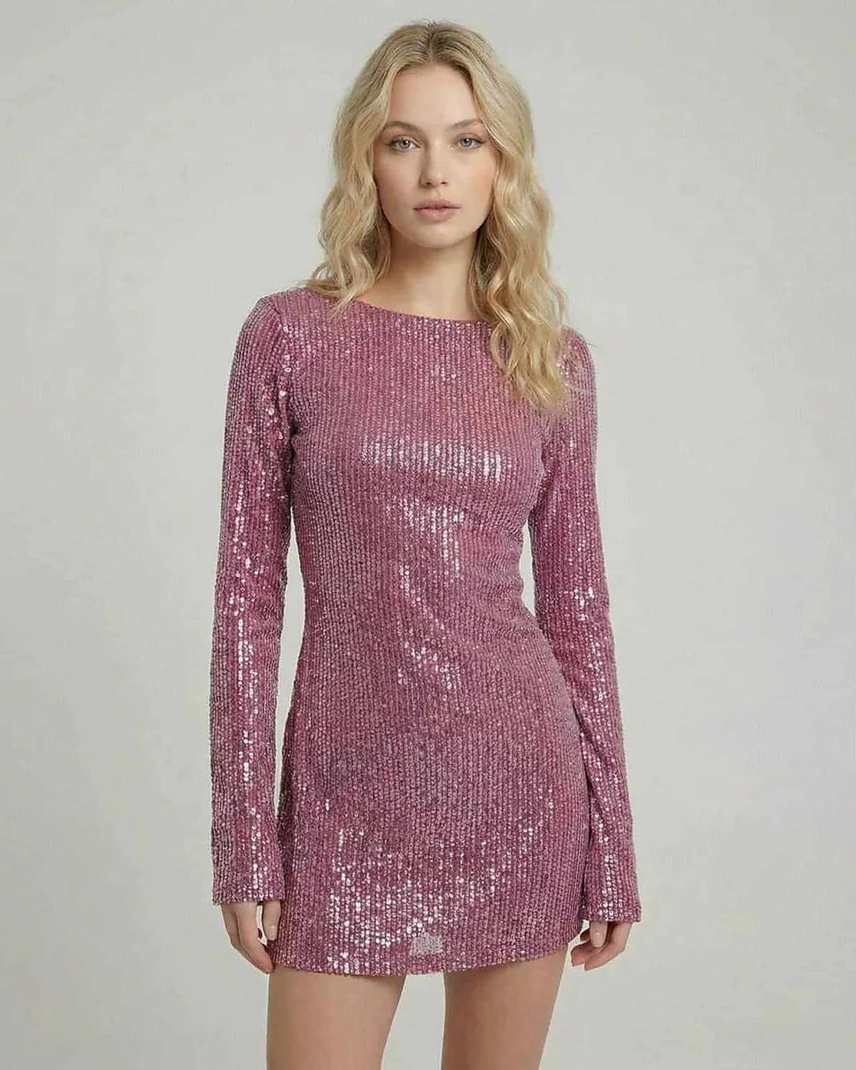 Pink Satin Bodycon Round Neck Long Sleeve Mini Dress | Formal Occasions & Party Nights, front view | Ramblion | SKU: RMD-61847-pink-L-8437,RMD-61847-pink-M-3449,RMD-61847-pink-S-4607,RMD-61847-pink-XL-789,RMD-61847-pink-XS-3465