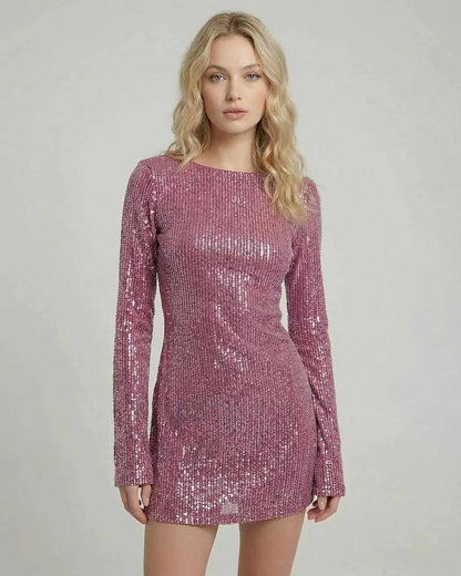 Pink Satin Bodycon Round Neck Long Sleeve Mini Dress | Formal Occasions & Party Nights, front view | Ramblion | SKU: RMD-61847-pink-L-8437,RMD-61847-pink-M-3449,RMD-61847-pink-S-4607,RMD-61847-pink-XL-789,RMD-61847-pink-XS-3465