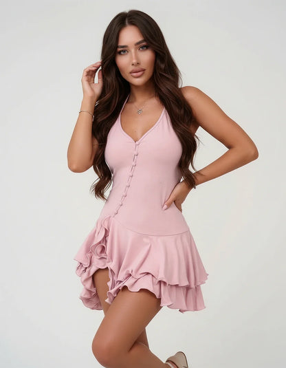 Pink Satin Fit and Flare V-Neck Sleeveless Mini Dress | Formal Occasions, Cocktail Hour, Bridal Showers & Day-to-Night, front | SKU: EMD-583920174-pink-L-4799,EMD-583920174-pink-M-5058,EMD-583920174-pink-S-5697,EMD-583920174-pink-XL-9193,EMD-583920174-pink-XS-4499