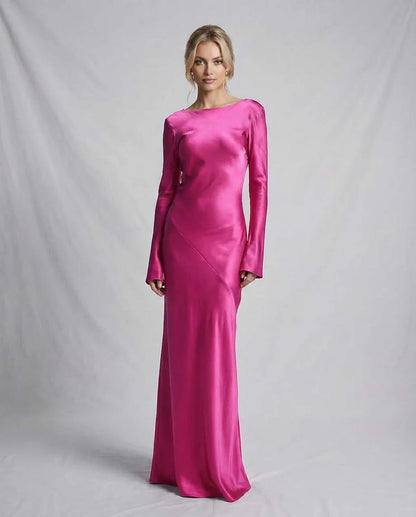 Pink Satin Gown Round Neck Long Sleeve Maxi Dress | Black-Tie Events & Cocktail Hour, front view | Ramblion | SKU: LMD-729184305-pink-L-1168,LMD-729184305-pink-M-8036,LMD-729184305-pink-S-8361,LMD-729184305-pink-XL-7906,LMD-729184305-pink-XS-5395