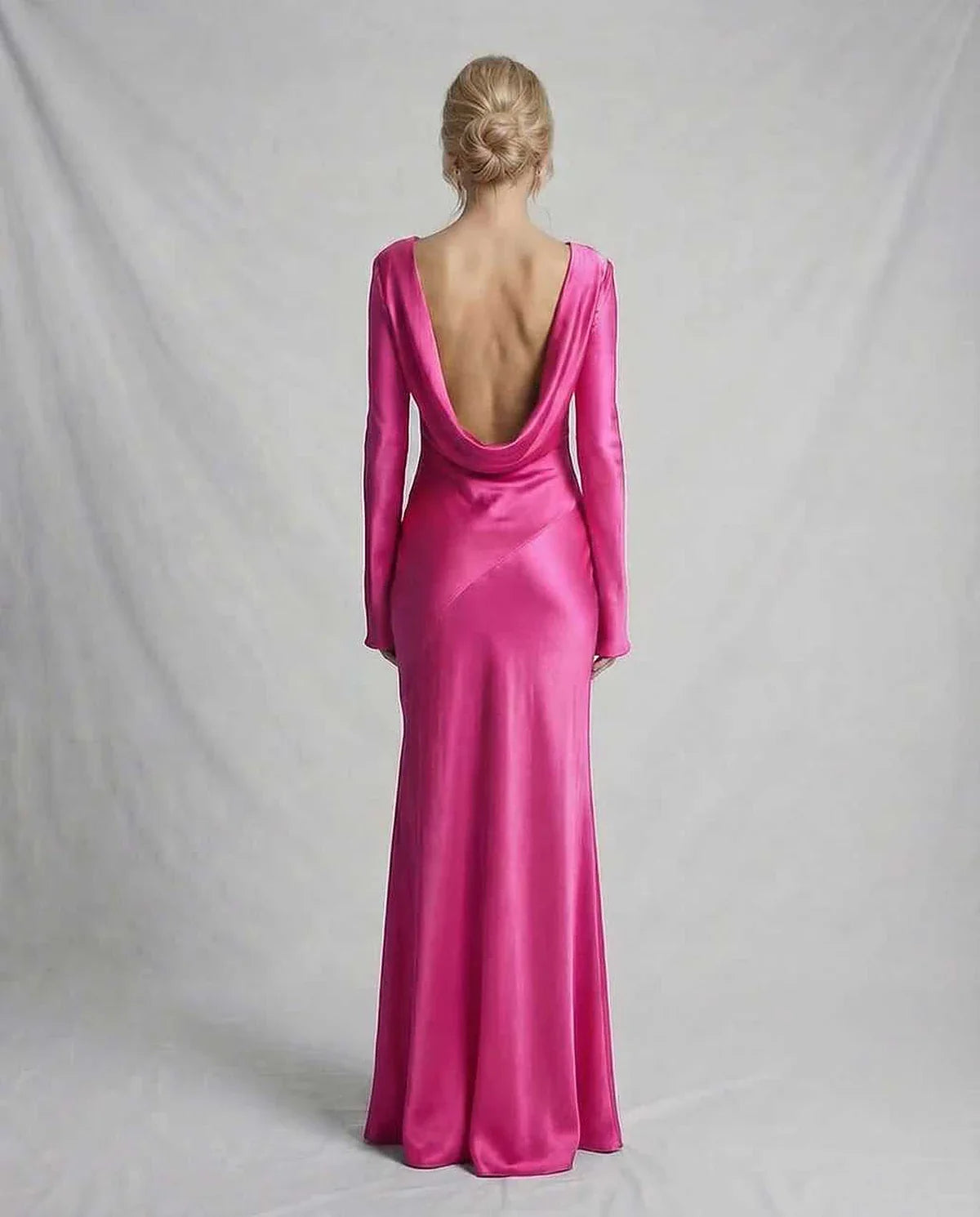Pink Satin Gown Round Neck Long Sleeve Maxi Dress | Black-Tie Events & Cocktail Hour, back view | Ramblion | SKU: LMD-729184305-pink-L-1168,LMD-729184305-pink-M-8036,LMD-729184305-pink-S-8361,LMD-729184305-pink-XL-7906,LMD-729184305-pink-XS-5395