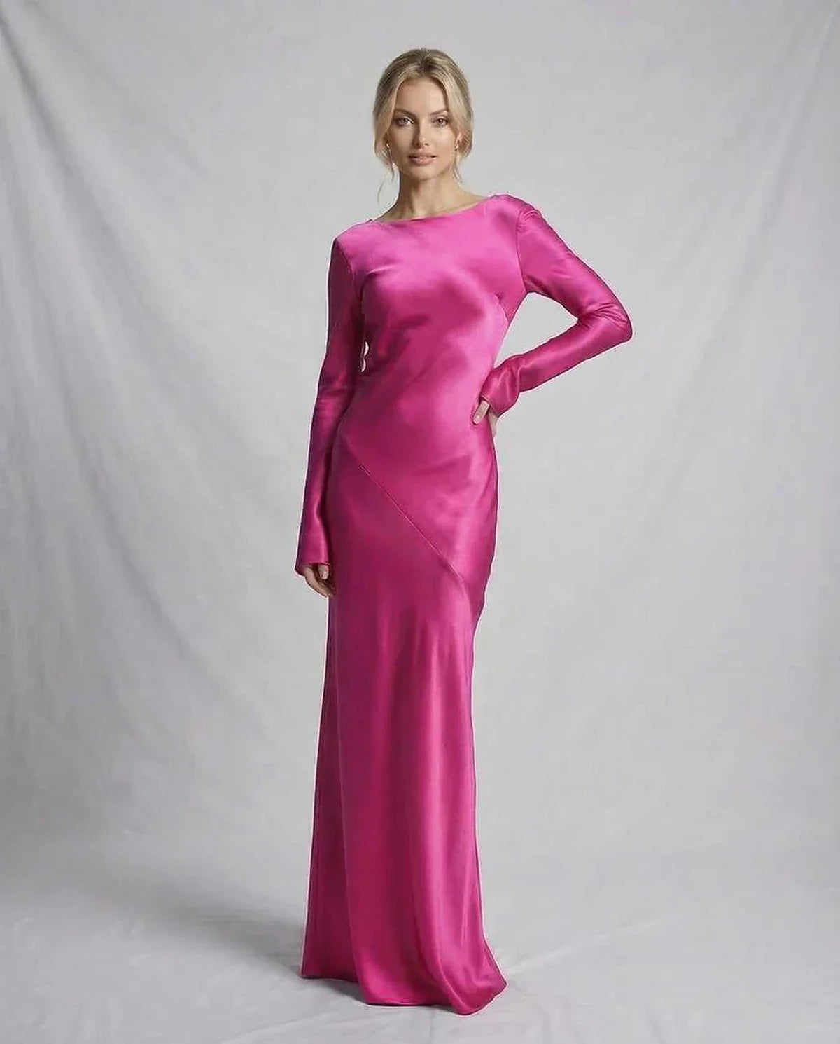 Pink Satin Gown Round Neck Long Sleeve Maxi Dress | Black-Tie Events & Cocktail Hour, front view | Ramblion | SKU: LMD-729184305-pink-L-1168,LMD-729184305-pink-M-8036,LMD-729184305-pink-S-8361,LMD-729184305-pink-XL-7906,LMD-729184305-pink-XS-5395