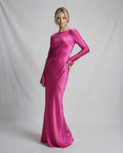 Pink Satin Gown Round Neck Long Sleeve Maxi Dress | Black-Tie Events & Cocktail Hour, front view | Ramblion | SKU: LMD-729184305-pink-L-1168,LMD-729184305-pink-M-8036,LMD-729184305-pink-S-8361,LMD-729184305-pink-XL-7906,LMD-729184305-pink-XS-5395