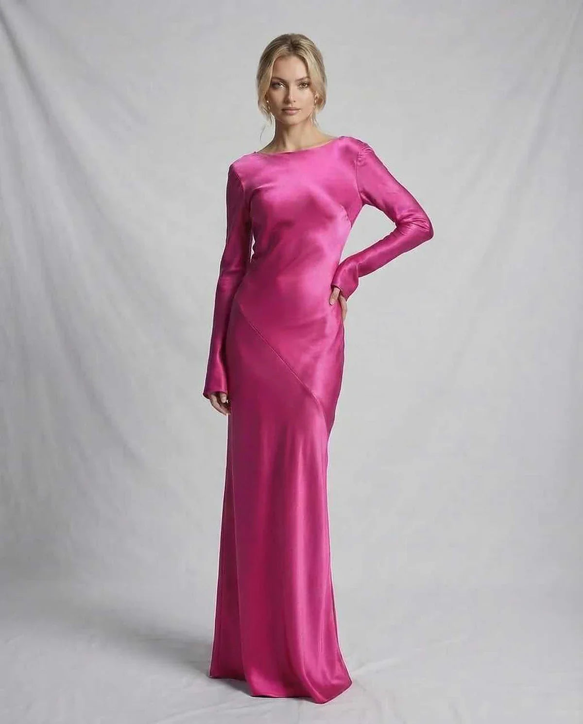Pink Satin Gown Round Neck Long Sleeve Maxi Dress | Black-Tie Events & Cocktail Hour, front view | Ramblion | SKU: LMD-729184305-pink-L-1168,LMD-729184305-pink-M-8036,LMD-729184305-pink-S-8361,LMD-729184305-pink-XL-7906,LMD-729184305-pink-XS-5395