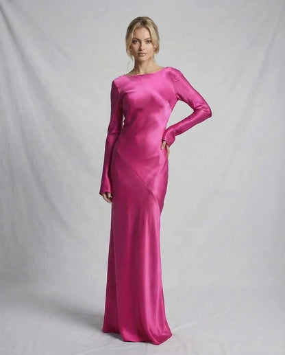 Pink Satin Gown Round Neck Long Sleeve Maxi Dress | Black-Tie Events & Cocktail Hour, front view | Ramblion | SKU: LMD-729184305-pink-L-1168,LMD-729184305-pink-M-8036,LMD-729184305-pink-S-8361,LMD-729184305-pink-XL-7906,LMD-729184305-pink-XS-5395