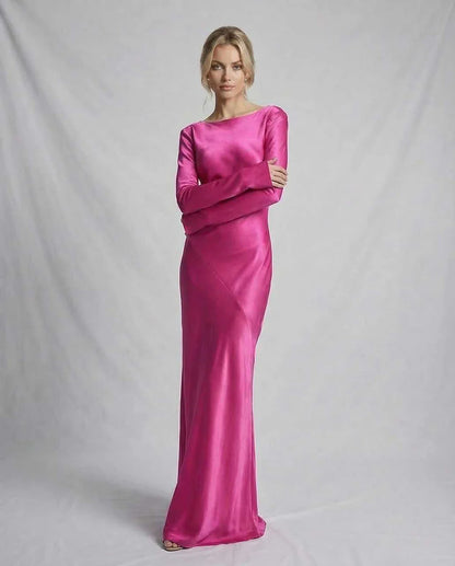 Pink Satin Gown Round Neck Long Sleeve Maxi Dress | Black-Tie Events & Cocktail Hour, front view | Ramblion | SKU: LMD-729184305-pink-L-1168,LMD-729184305-pink-M-8036,LMD-729184305-pink-S-8361,LMD-729184305-pink-XL-7906,LMD-729184305-pink-XS-5395