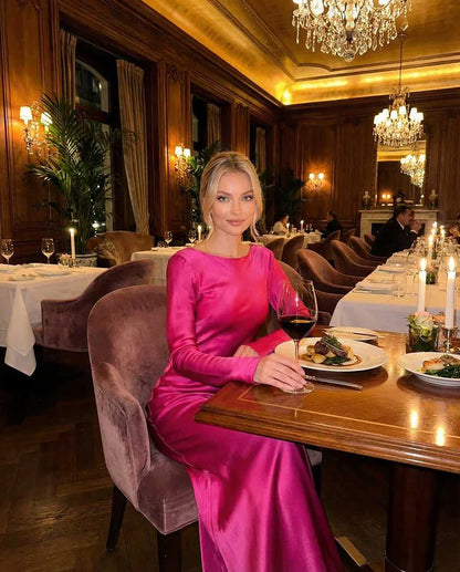 Pink Satin Gown Round Neck Long Sleeve Maxi Dress | Black-Tie Events & Cocktail Hour, lifestyle shot | Ramblion | SKU: LMD-729184305-pink-L-1168,LMD-729184305-pink-M-8036,LMD-729184305-pink-S-8361,LMD-729184305-pink-XL-7906,LMD-729184305-pink-XS-5395