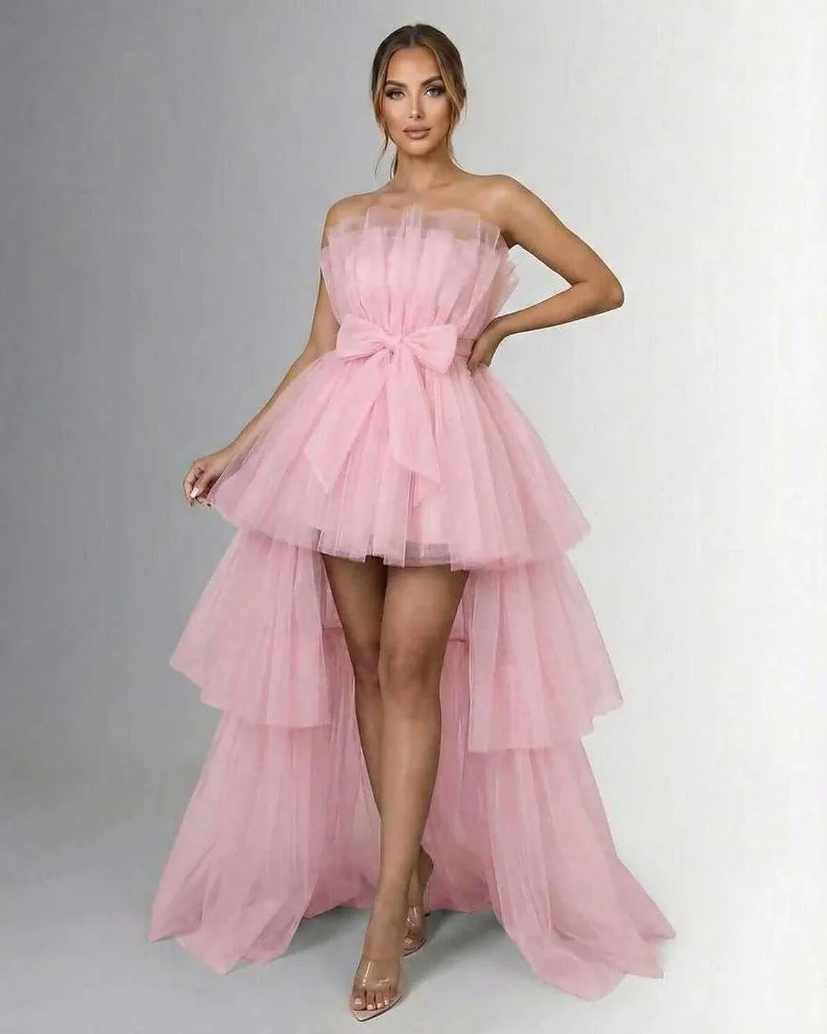Pink Satin Gown Strapless Maxi Dress | Prom, Celebrations, Wedding Guest & Daily Wear, front view | Ramblion | SKU: SMX-239847561-pink-L-5920,SMX-239847561-pink-M-1799,SMX-239847561-pink-S-5131,SMX-239847561-pink-XL-5487,SMX-239847561-pink-XS-898