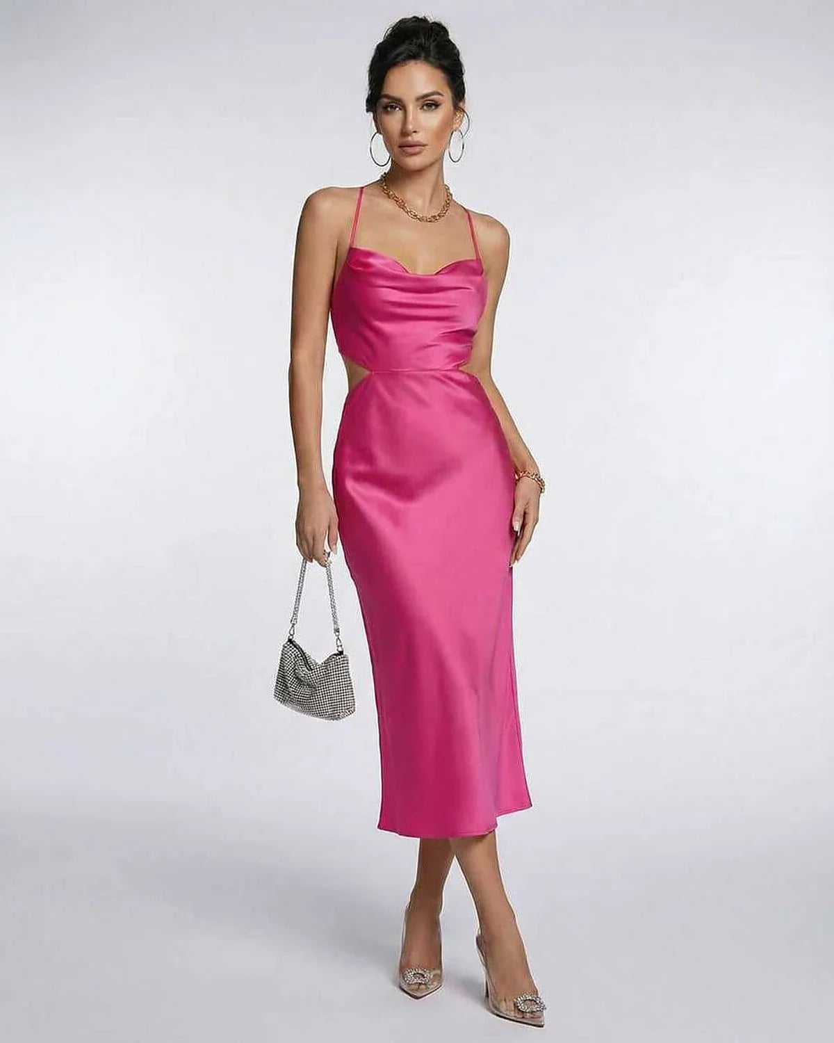 Pink Satin Slip Round Neck Sleeveless Midi Dress | Gala Nights, Party Nights, Weddings & Everyday Wear, front view | Ramblion | SKU: CMD-57231-pink-L-7146,CMD-57231-pink-M-5351,CMD-57231-pink-S-3643,CMD-57231-pink-XL-1397,CMD-57231-pink-XS-7166