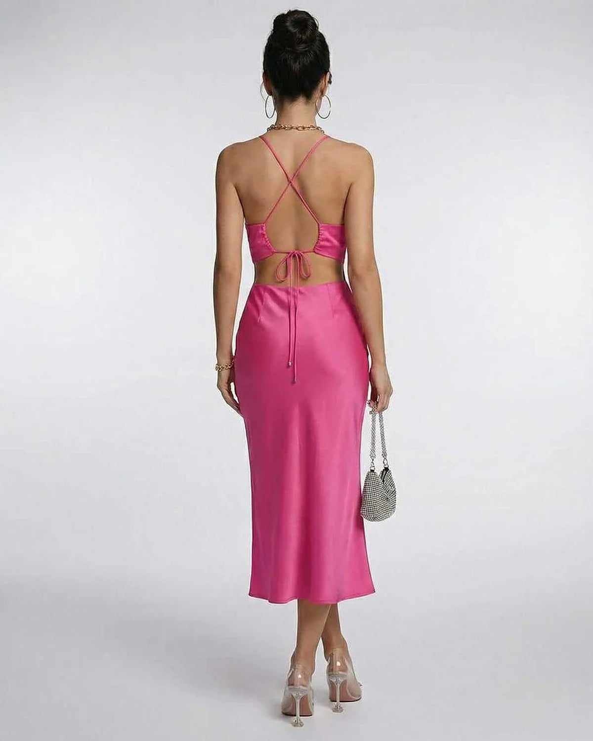 Pink Satin Slip Round Neck Sleeveless Midi Dress | Gala Nights, Party Nights, Weddings & Everyday Wear, back view | Ramblion | SKU: CMD-57231-pink-L-7146,CMD-57231-pink-M-5351,CMD-57231-pink-S-3643,CMD-57231-pink-XL-1397,CMD-57231-pink-XS-7166