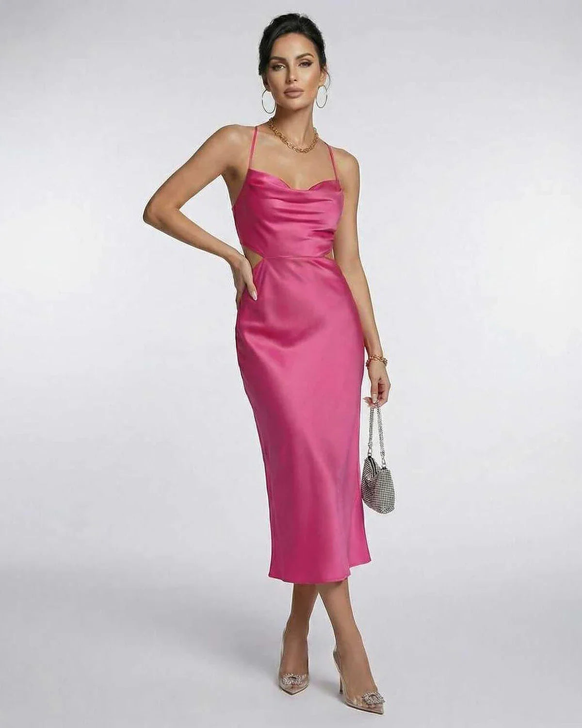 Pink Satin Slip Round Neck Sleeveless Midi Dress | Gala Nights, Party Nights, Weddings & Everyday Wear, front view | Ramblion | SKU: CMD-57231-pink-L-7146,CMD-57231-pink-M-5351,CMD-57231-pink-S-3643,CMD-57231-pink-XL-1397,CMD-57231-pink-XS-7166