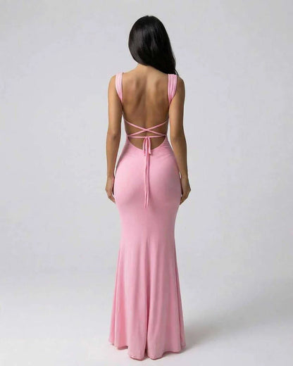 Pink Slip Round Neck Sleeveless Maxi Dress | Black-Tie Events, back view | Ramblion | SKU: BMD-482736195-pink-L-5694,BMD-482736195-pink-M-9374,BMD-482736195-pink-S-6177,BMD-482736195-pink-XL-9769,BMD-482736195-pink-XS-4150