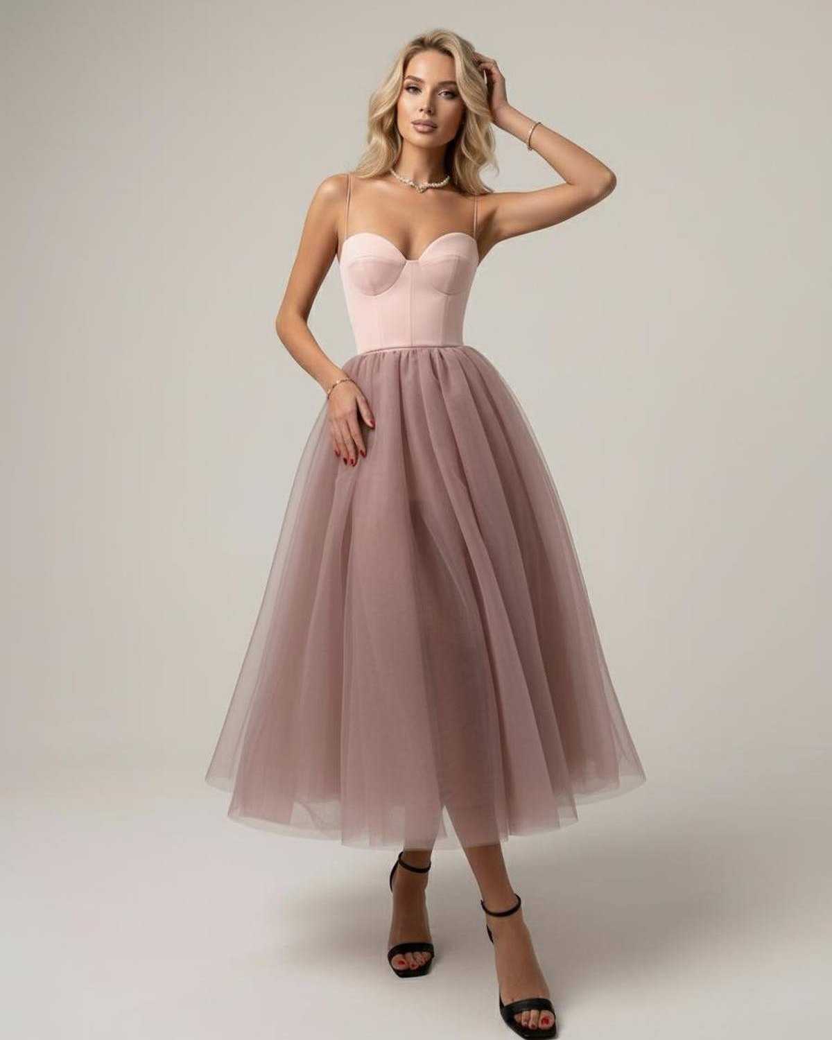 Velvet Midi Dress by RAMBLION, blush pink, structured bodice, elegant feminine style perfect for special occasions.