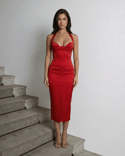 Red Satin Bodycon Halter Sleeveless Midi Dress | Gala Nights, Evening Parties & Wedding Season, front view | Ramblion | SKU: AMD-48392-red-L-3856,AMD-48392-red-M-3748,AMD-48392-red-S-9732,AMD-48392-red-XL-4644,AMD-48392-red-XS-7279