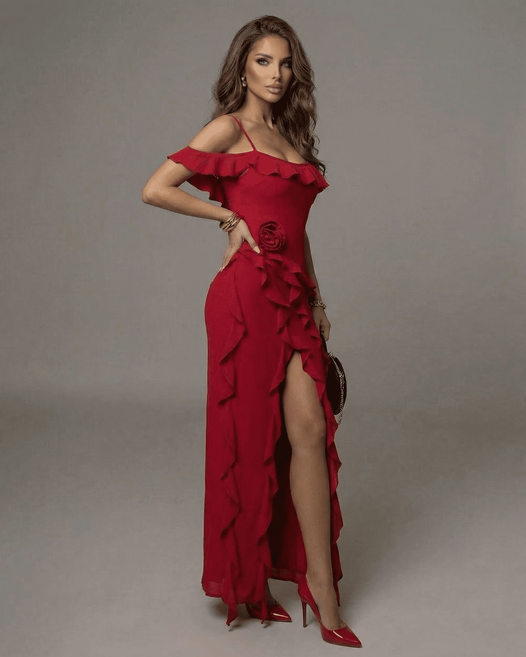Plaid Maxi Dress by RAMBLION, red ankle-length, off-shoulder with ruffles, perfect for summer celebrations.