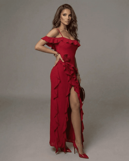 Plaid Maxi Dress by RAMBLION, red ankle-length, off-shoulder with ruffles, perfect for summer celebrations.